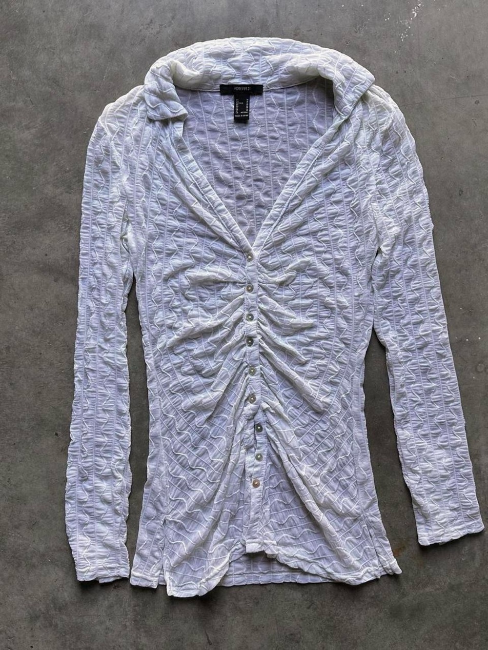 White ruched lace button-up blouse with long sleeves